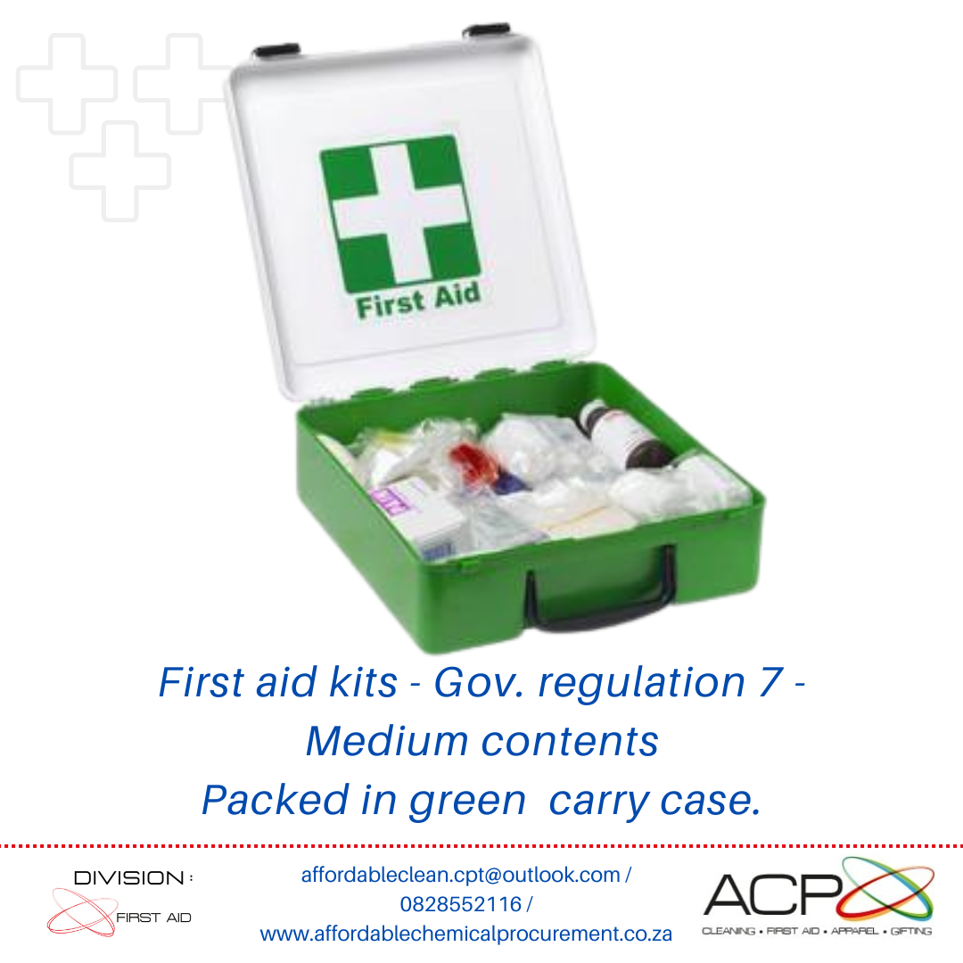 First Aid kit, Government Regulation 7 in Green Plastic box, Medium contents.